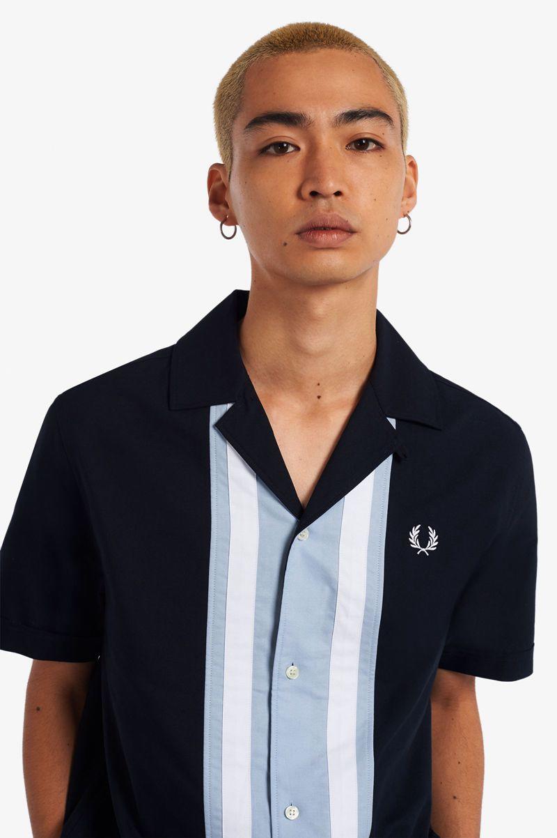 Navy Fred Perry Striped Panel Bowling Men's Shirts | PH 1540PJJQ